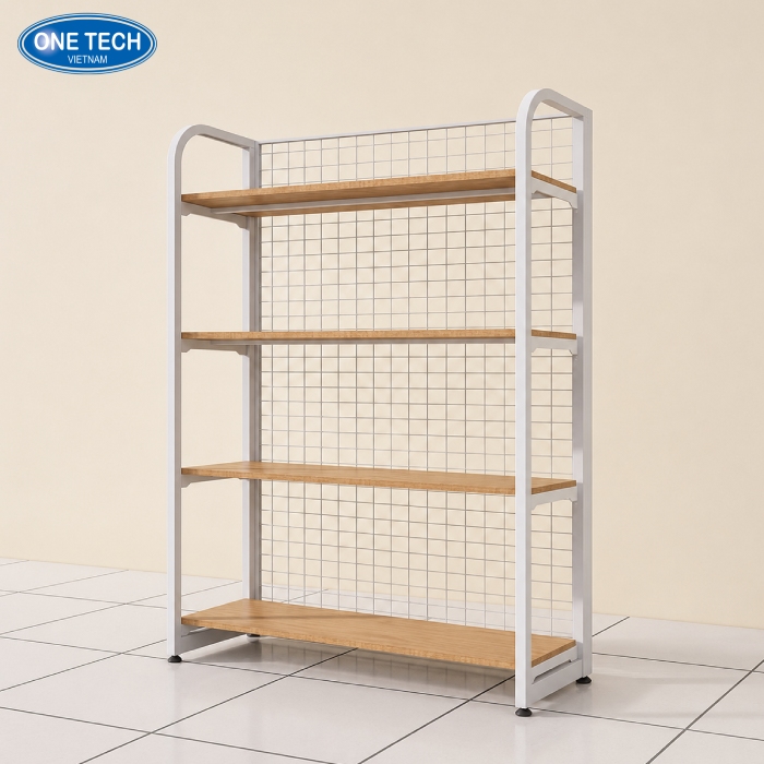 Kệ lưới khung sắt mâm gỗ 4 tầng