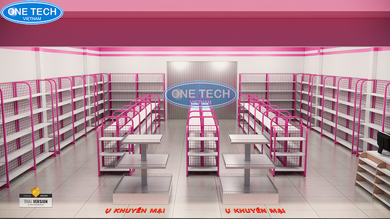 Mẫu thiết kế cho siêu thị mini với màu hồng chủ đạoa