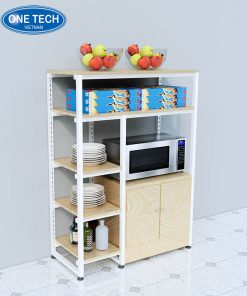 Kệ khung trắng, gỗ màu vàng nhạt