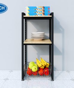 Kệ kết hợp khung sắt, mặt gỗ và giỏ đựng đem lại sự tiện lợi cho người dùng