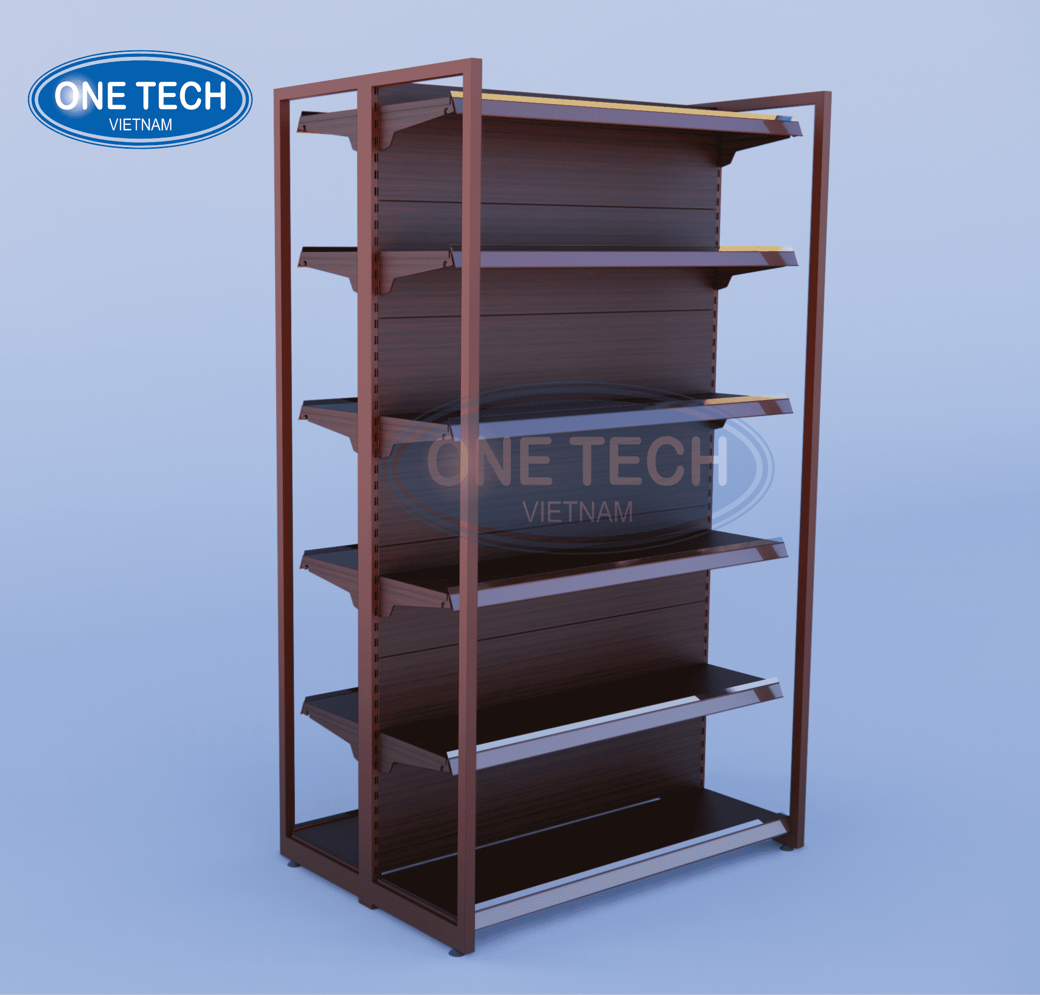 Kệ vân gỗ đậm màu One Tech thiết kế, sản xuất
