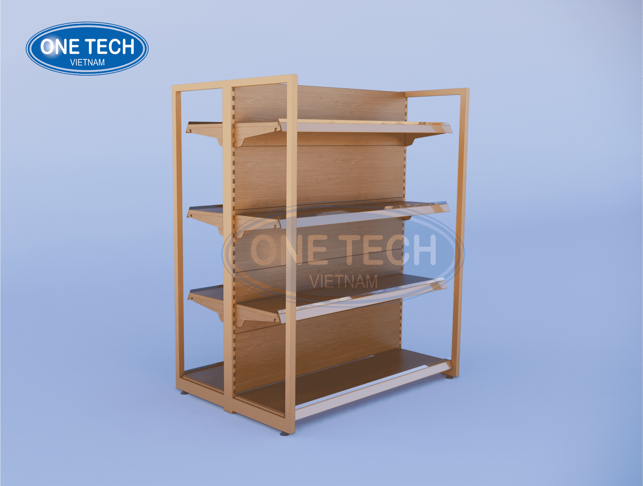 Kệ siêu thị vân gỗ khung hộp chữ nhật vuông góc sang trọng, thanh lịch
