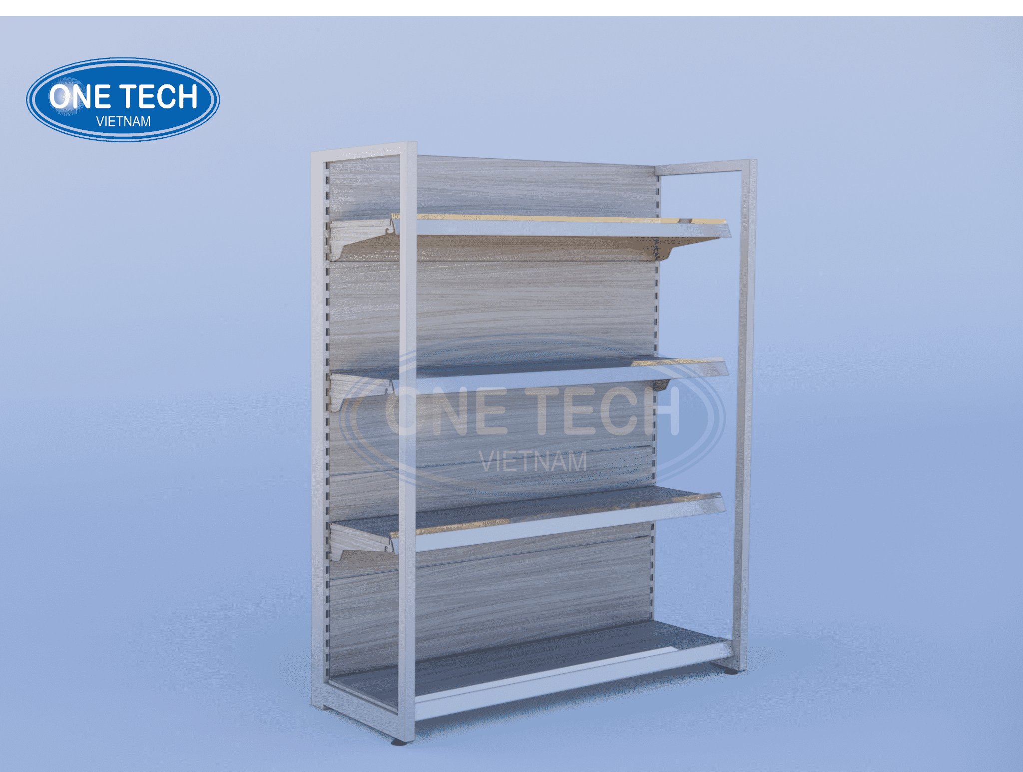 Kệ đơn siêu thị vân gỗ khung hộp chữ nhật sáng màu 4 tầng
