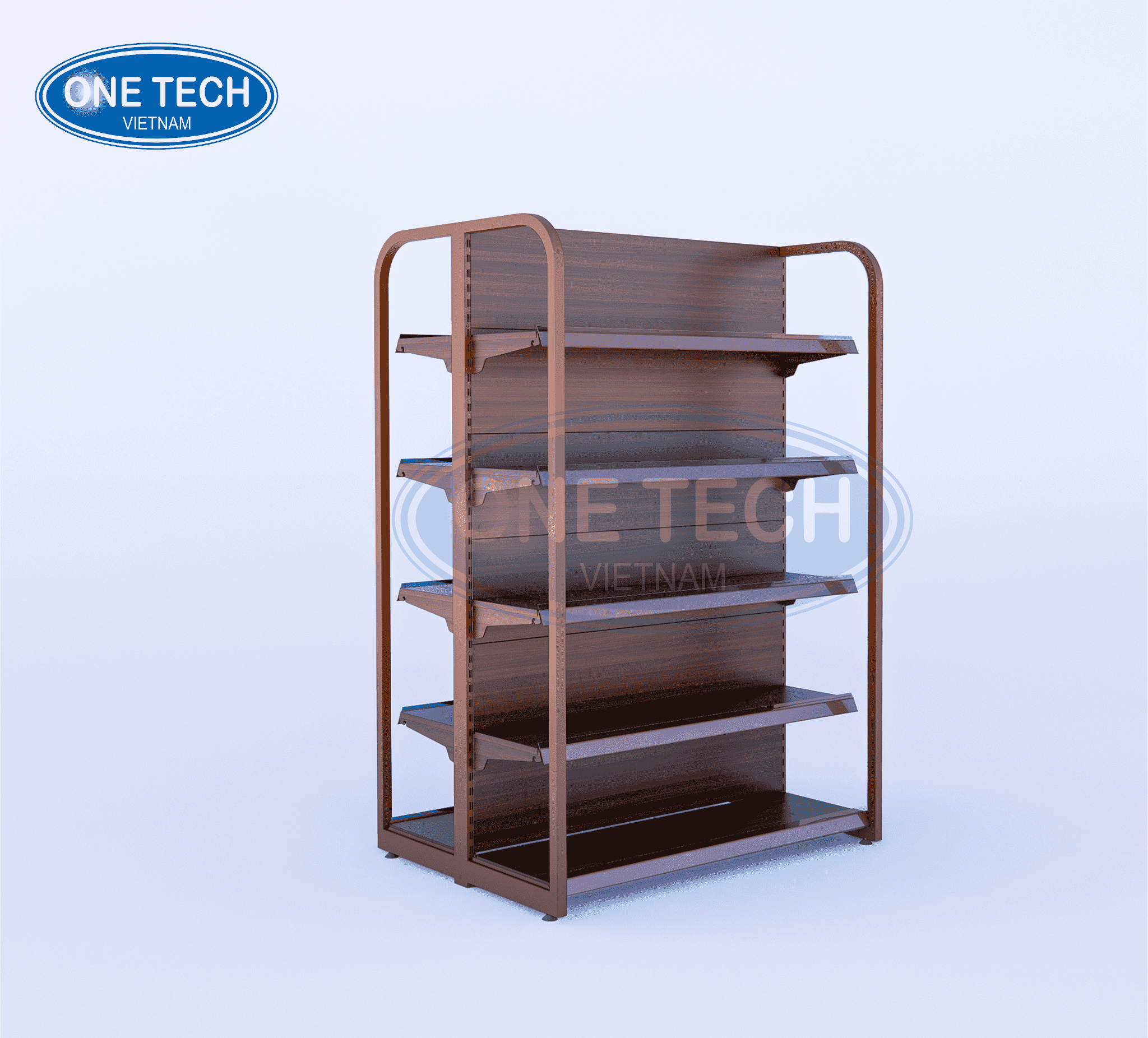 Kệ siêu thị vân gỗ khung hộp chữ nhật bo góc thanh thoát, nhẹ nhàng
