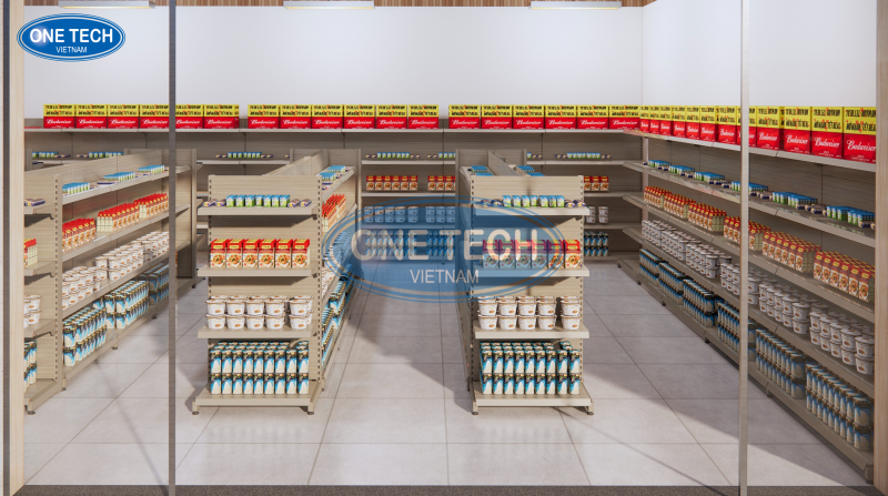Không gian Bách hóa tổng hợp sử dụng kệ siêu thị vân gỗ sáng màu