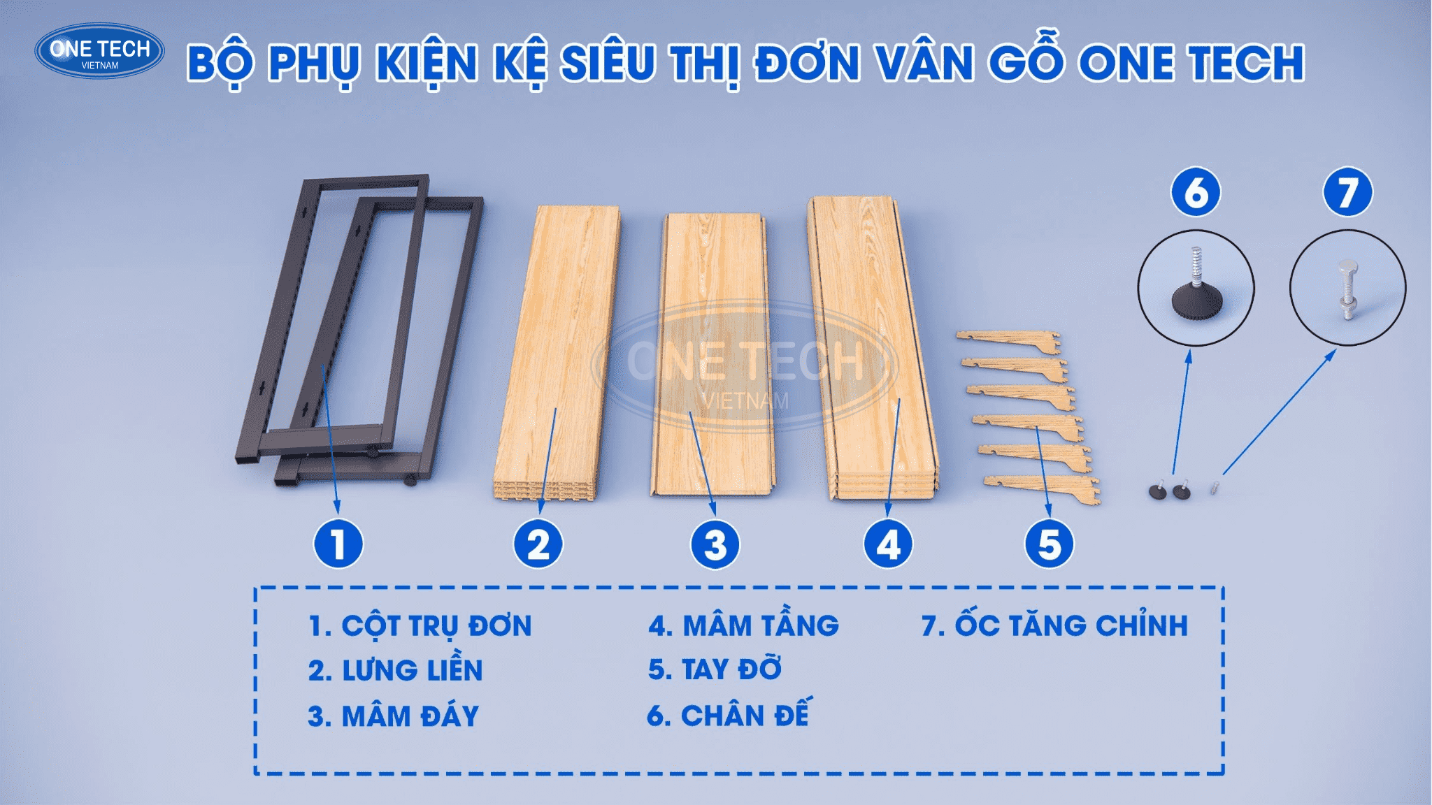 Chi tiết các bộ phận cấu tạo của kệ siêu thị vân gỗ khung hộp chữ nhật trên thực tế
