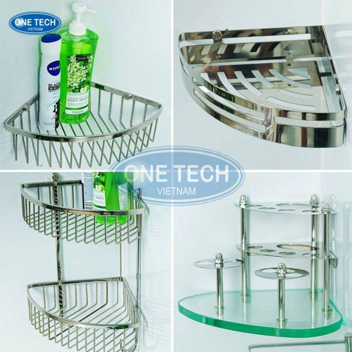 Kệ inox gắn tường phòng tắm kết hợp kính cường lực