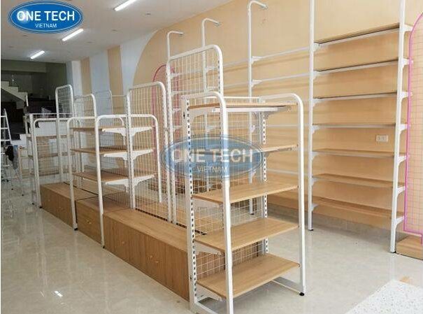 Sản phẩm kệ gỗ siêu thị sử dụng gỗ công nghiệp