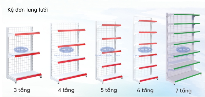 Kệ siêu thị đơn lưng lưới thiết kế nhiều tầng, mỗi mâm tầng chịu được 60kg