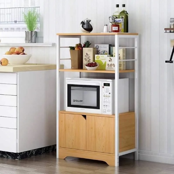 Mẫu kệ khung sắt mâm gỗ để lò vi sóng