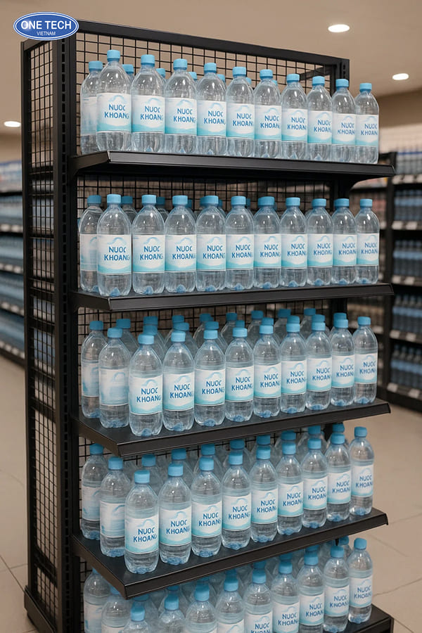 Kệ siêu thị lưng tôn lỗ trưng bày nước lọc đóng chai