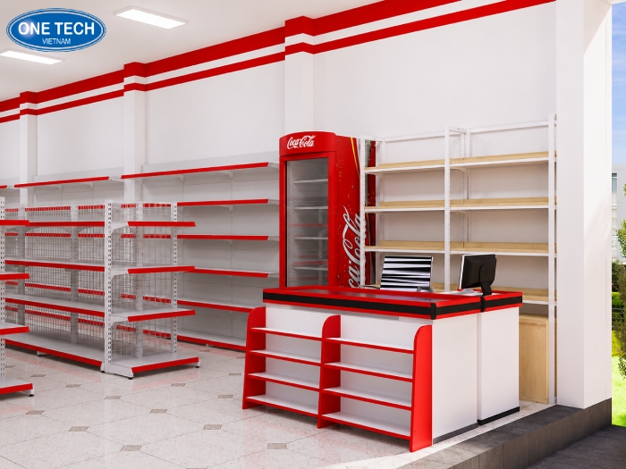Phối cảnh khu vực bàn thu ngân với bộ kệ bày hàng mini