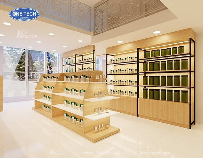 Kệ gỗ đặt tại khu vực trung tâm cửa hàng