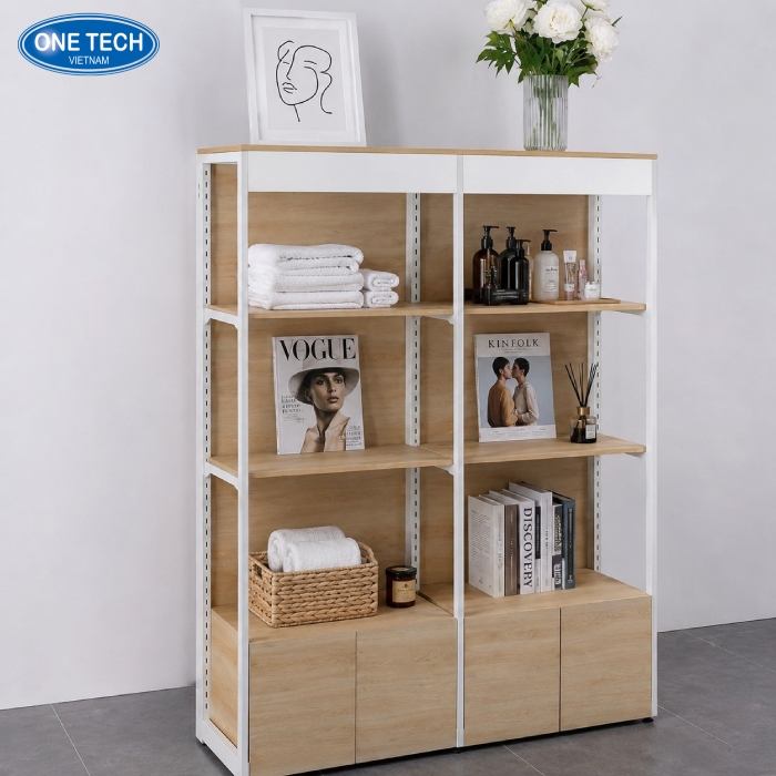 Kệ gỗ khung sắt tiệm tóc