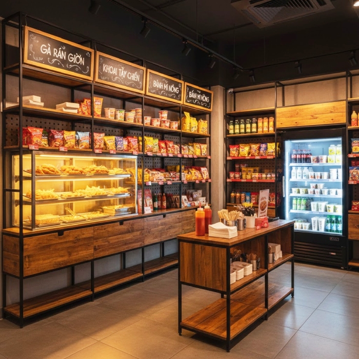Kệ siêu thị cửa hàng thức ăn nhanh đồ ăn vặt