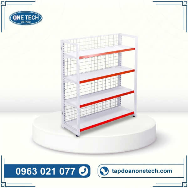 Kệ siêu thị màu trắng, riềm mica nhựa đỏ