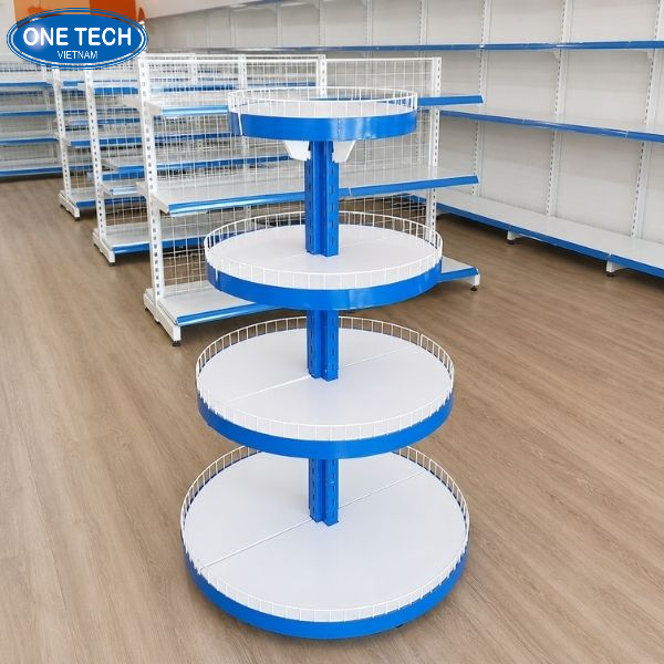 Kệ tôn trung tâm dạng tròn 4 tầng có viền chắn bảo vệ sản phẩm