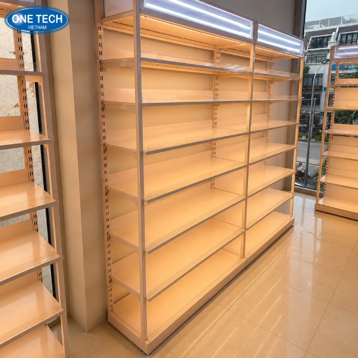 Kệ khung sắt mâm tôn có đèn Led lắp dưới mâm