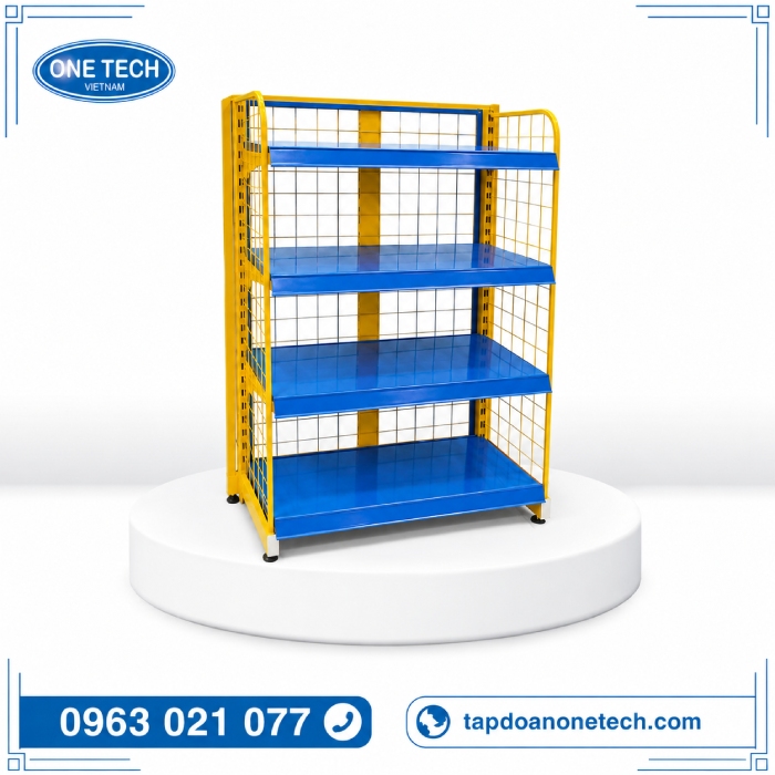Kệ siêu thị màu xanh dương lưng lưới