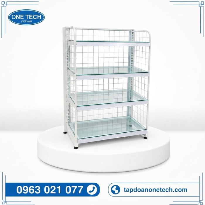 Kệ kính siêu thị lưng lưới